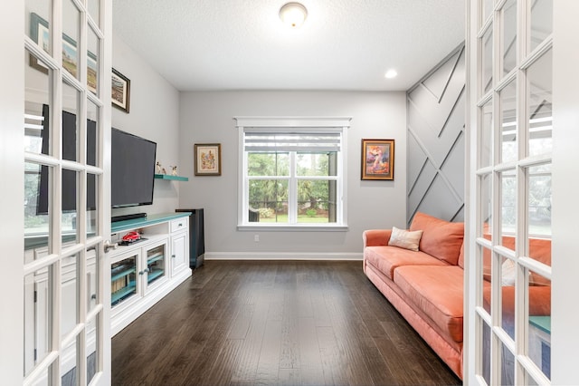 living room with dark hardwood / wood-style flooring, a textured ceiling, and french doors