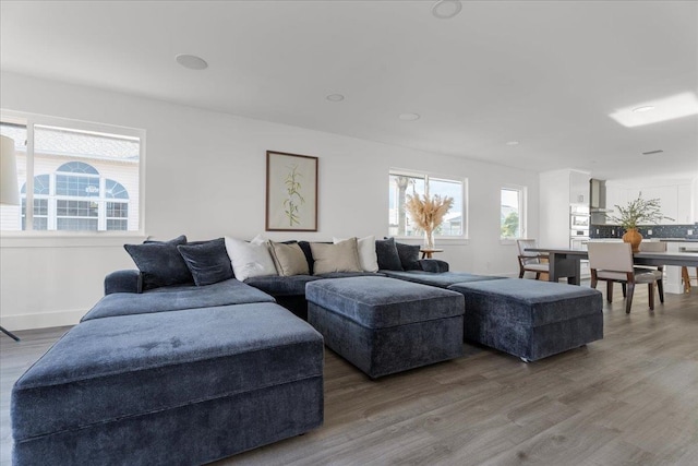 living area with baseboards and wood finished floors