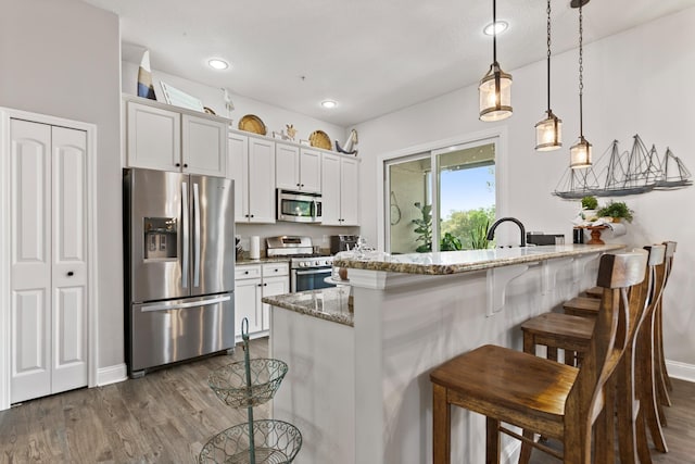 121 Grand Ravine Dr, Saint Augustine, FL 32086 - kitchen with stainless steel appliances, a breakfast bar, dark wood finished floors, light stone countertops, and recessed lighting