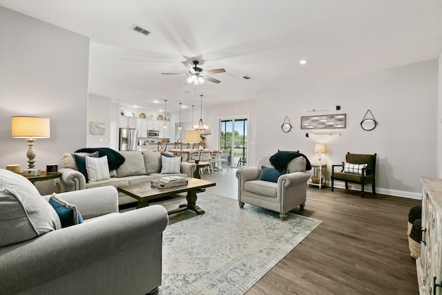 121 Grand Ravine Dr, Saint Augustine, FL 32086 - living room with ceiling fan, dark wood-type flooring, baseboards, and recessed lighting