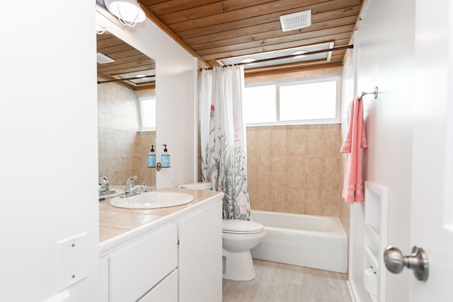 full bathroom featuring wood ceiling, shower / bath combination with curtain, toilet, vanity, and hardwood / wood-style flooring