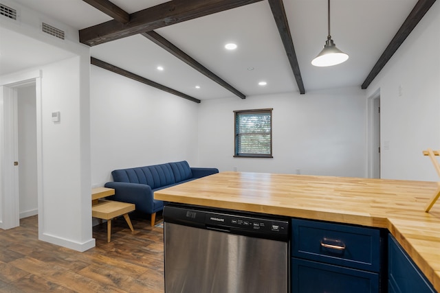 kitchen with blue cabinets, dishwasher, wooden counters, hanging light fixtures, and dark hardwood / wood-style flooring