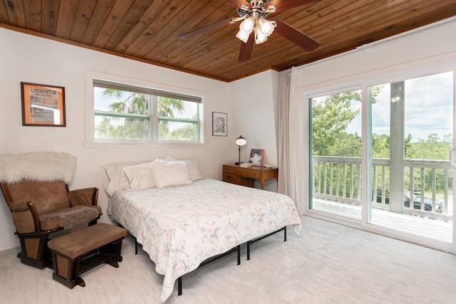 bedroom with access to outside, ceiling fan, crown molding, and wood ceiling