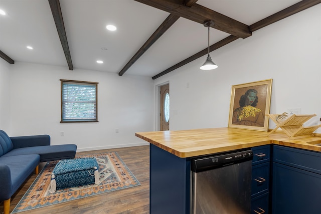 kitchen with stainless steel dishwasher, butcher block counters, blue cabinetry, and hanging light fixtures