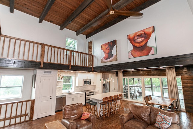 living room with sink, beamed ceiling, high vaulted ceiling, plenty of natural light, and wood ceiling