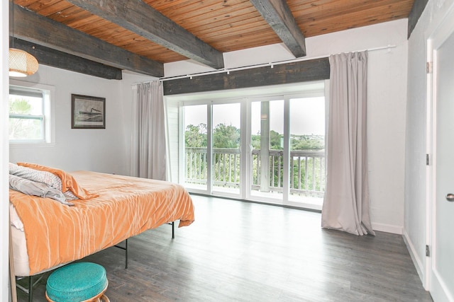 bedroom featuring wood ceiling, access to outside, beamed ceiling, and dark wood-type flooring