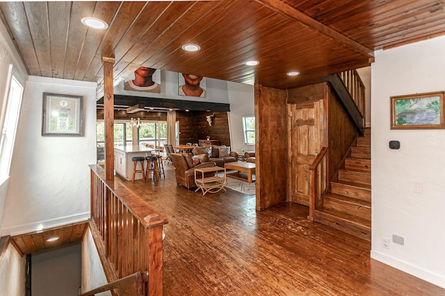 living room with wood-type flooring and wood ceiling