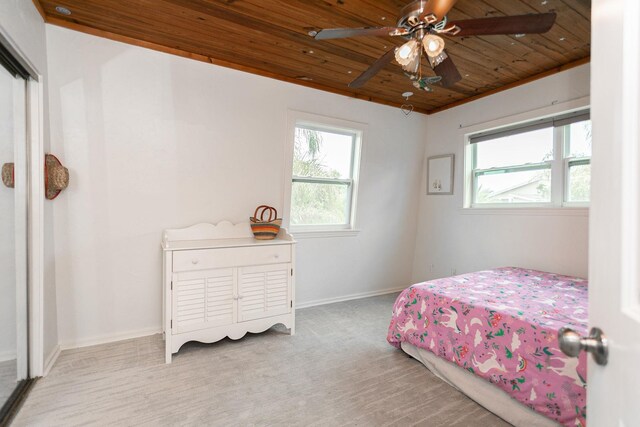 carpeted bedroom featuring ceiling fan and wood ceiling