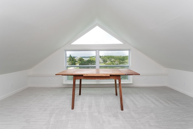 additional living space with lofted ceiling and light carpet