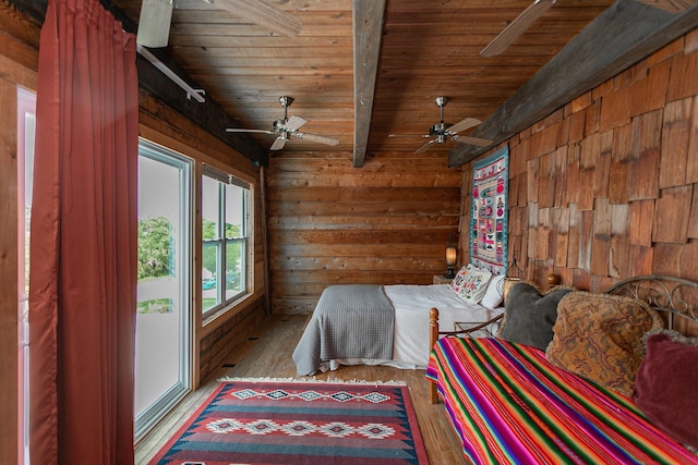 bedroom featuring ceiling fan, light wood-type flooring, vaulted ceiling with beams, and wood ceiling