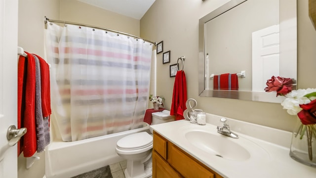 full bathroom with tile patterned floors, vanity, shower / bath combination with curtain, and toilet