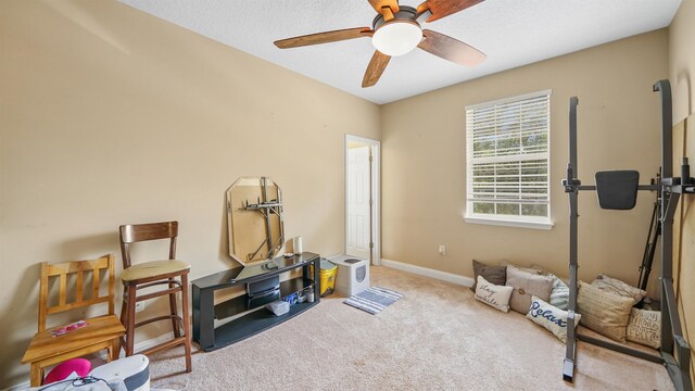 misc room with ceiling fan and light carpet