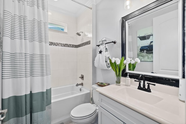 full bathroom with shower / bath combo with shower curtain, toilet, and vanity