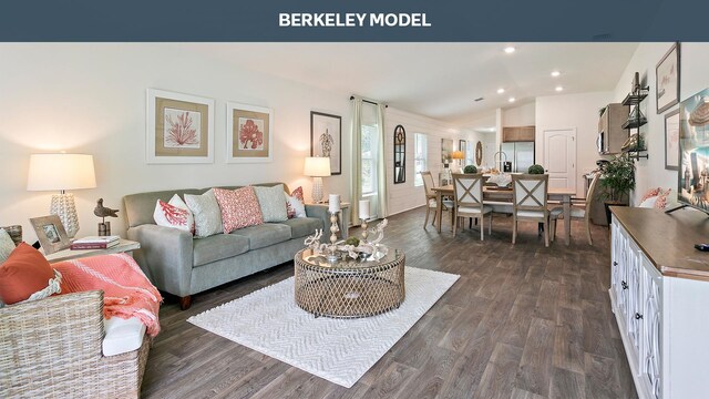 living room with dark hardwood / wood-style floors and vaulted ceiling