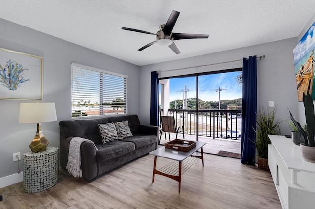 4250 A1A S B36, Saint Augustine, FL 32080 - living area featuring wood finished floors, a ceiling fan, and a textured ceiling