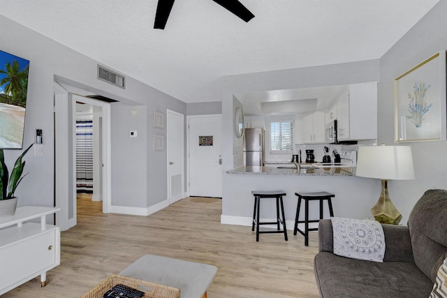 living room featuring ceiling fan, sink, a textured ceiling, and light hardwood / wood-style flooring