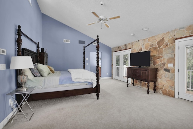 6 Versaggi Pl, Saint Augustine, FL 32080 - carpeted bedroom featuring access to outside, a ceiling fan, french doors, and high vaulted ceiling