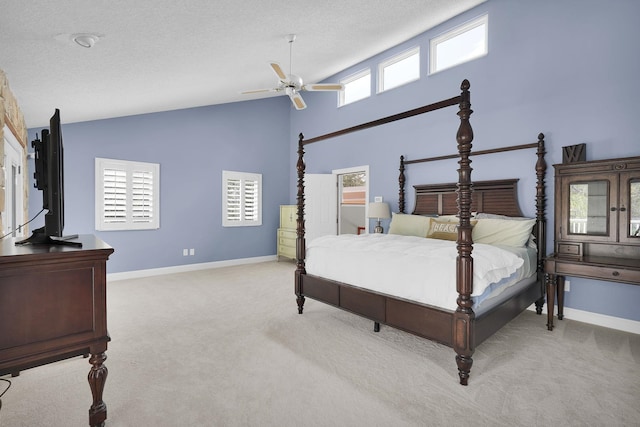 6 Versaggi Pl, Saint Augustine, FL 32080 - carpeted bedroom featuring high vaulted ceiling, a ceiling fan, and a textured ceiling