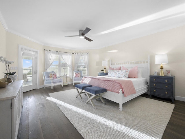 bedroom featuring dark hardwood / wood-style flooring, access to outside, ceiling fan, and ornamental molding