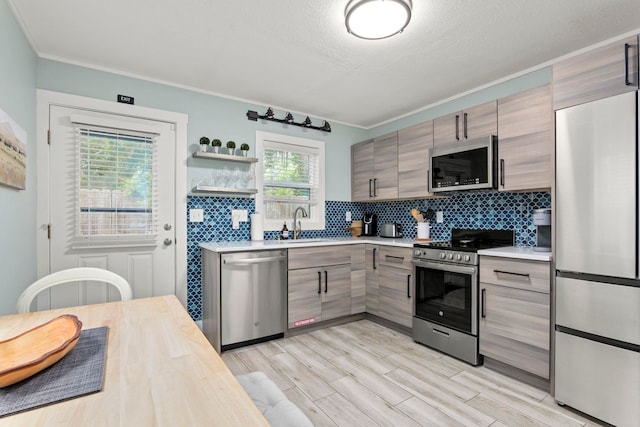 kitchen with ornamental molding, light hardwood / wood-style flooring, a healthy amount of sunlight, and appliances with stainless steel finishes