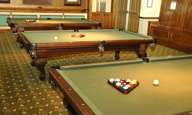 game room with dark carpet and pool table