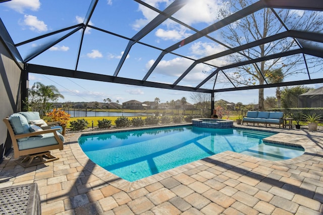 view of swimming pool featuring a patio area, an in ground hot tub, a water view, a lanai, and an outdoor living space