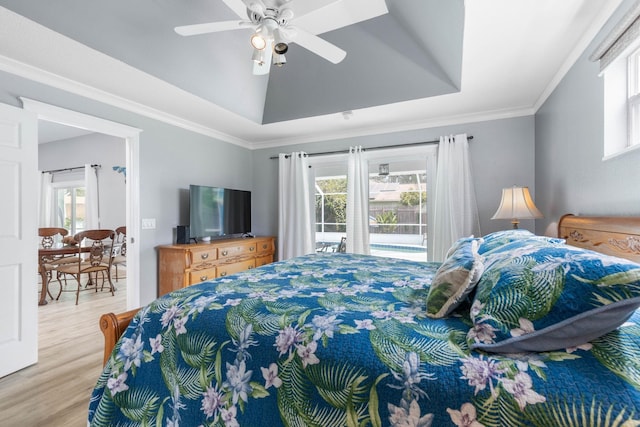 bedroom with a tray ceiling, multiple windows, ceiling fan, and access to outside