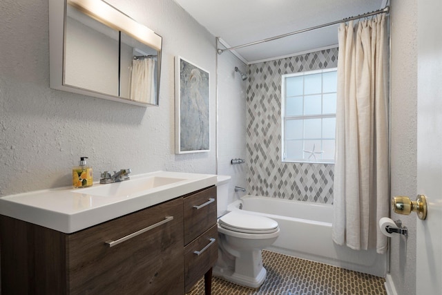 full bathroom featuring shower / bath combination with curtain, tile patterned floors, vanity, and toilet