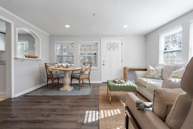 living room featuring a wealth of natural light, dark hardwood / wood-style floors, and a textured ceiling