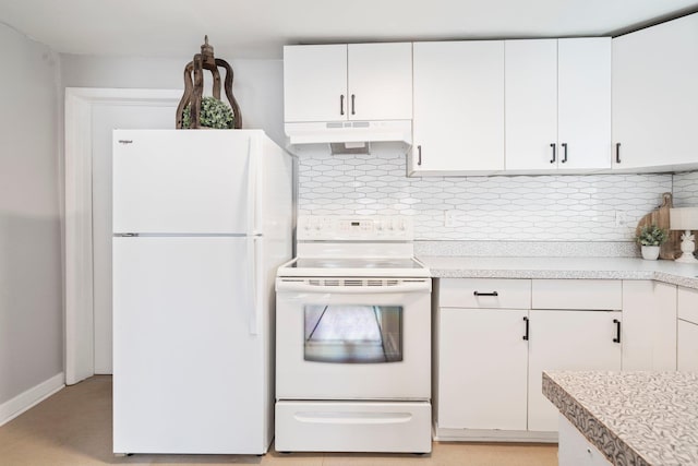 kitchen featuring white appliances, decorative backsplash, and white cabinets