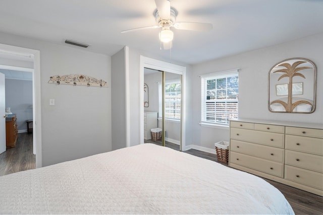 bedroom featuring dark wood-type flooring, ceiling fan, and a closet