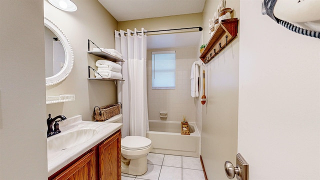 full bathroom with tile patterned flooring, vanity, toilet, and shower / tub combo with curtain