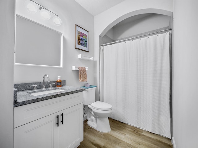 bathroom featuring hardwood / wood-style floors, vanity, and toilet