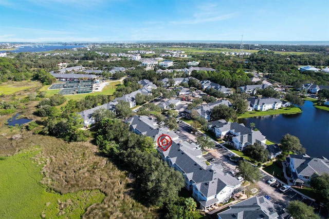 aerial view featuring a water view