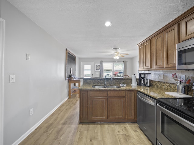 kitchen featuring kitchen peninsula, decorative backsplash, stainless steel appliances, sink, and dark stone countertops