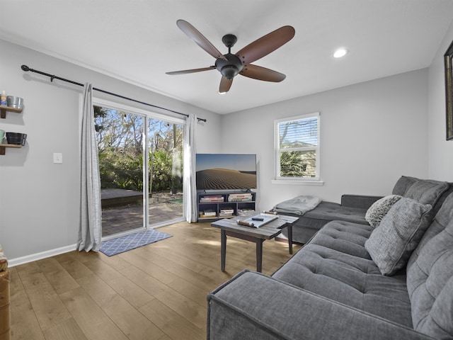 living room featuring ceiling fan and hardwood / wood-style flooring