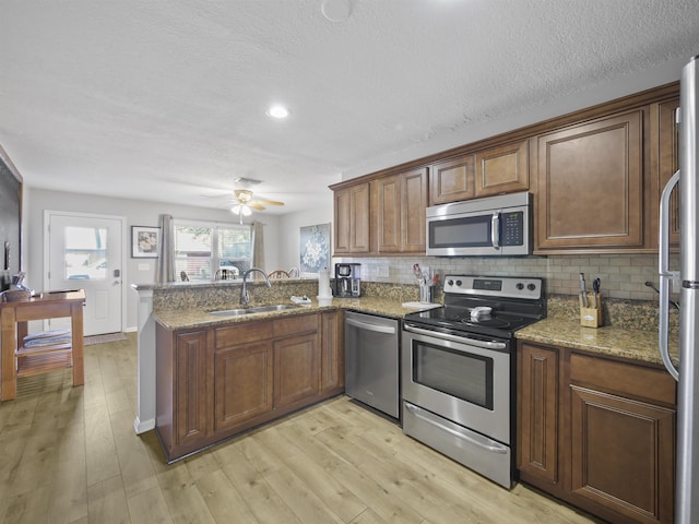 kitchen featuring backsplash, sink, light wood-type flooring, kitchen peninsula, and stainless steel appliances