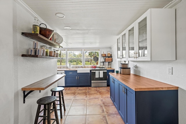 29 Oak St, Saint Augustine, FL 32084 - kitchen with blue cabinets, stainless steel appliances, open shelves, a textured wall, and wood counters