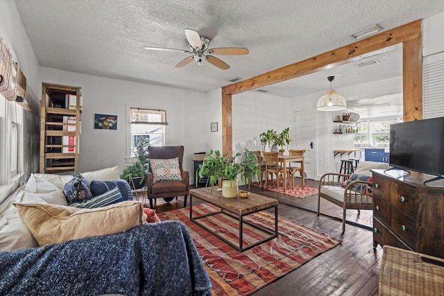 29 Oak St, Saint Augustine, FL 32084 - living area featuring wood-type flooring, plenty of natural light, a ceiling fan, and a textured ceiling