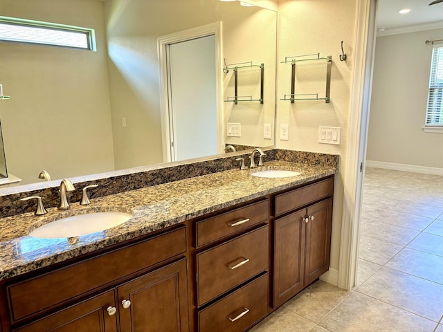 797 Wild Cypress Cir, Ponte Vedra, FL 32081 - full bathroom featuring double vanity, crown molding, and tile patterned flooring