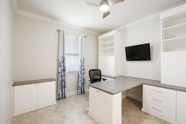 office area featuring ceiling fan, light tile patterned floors, and ornamental molding