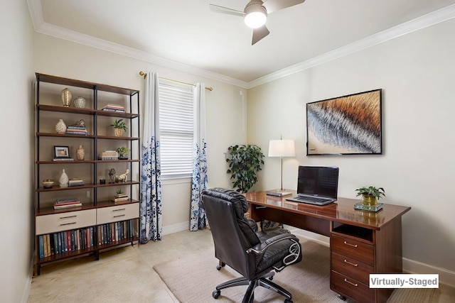 home office featuring baseboards, ornamental molding, and ceiling fan