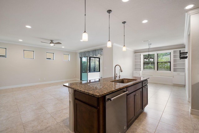 kitchen featuring dishwasher, dark stone counters, sink, ceiling fan, and ornamental molding