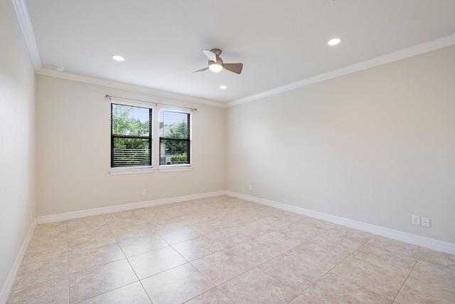 tiled spare room featuring ceiling fan and ornamental molding