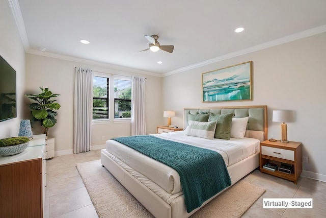 bedroom featuring recessed lighting, light tile patterned floors, baseboards, and ornamental molding