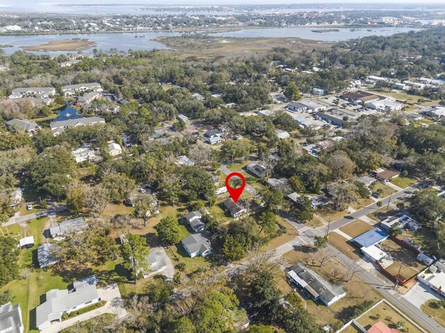 aerial view with a residential view and a water view