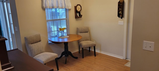 living area with a wealth of natural light and light hardwood / wood-style flooring