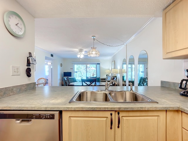 kitchen with light brown cabinets, stainless steel dishwasher, crown molding, and sink