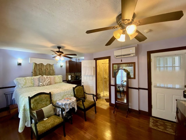 bedroom featuring dark wood-type flooring, multiple windows, an AC wall unit, and ceiling fan