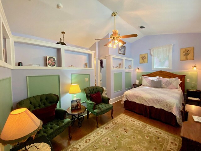 bedroom with vaulted ceiling and ceiling fan